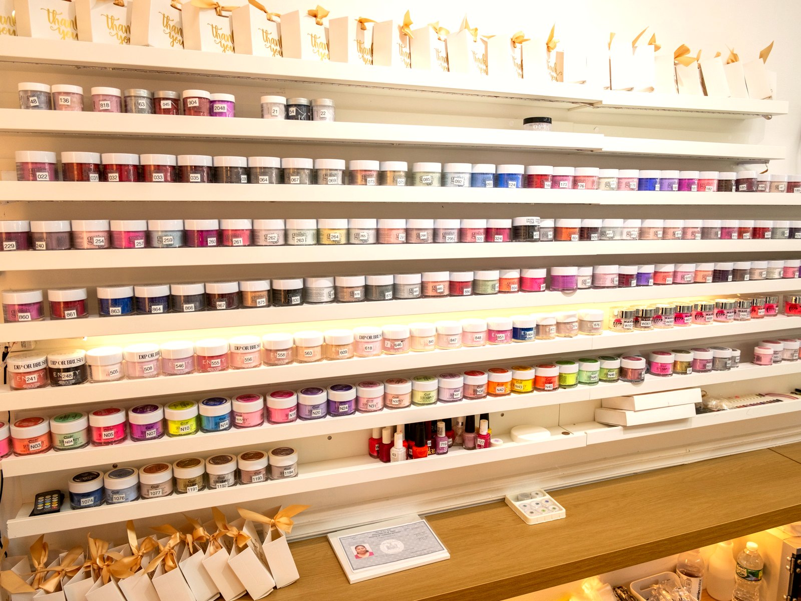 Gelish and Entity dip powder shelves