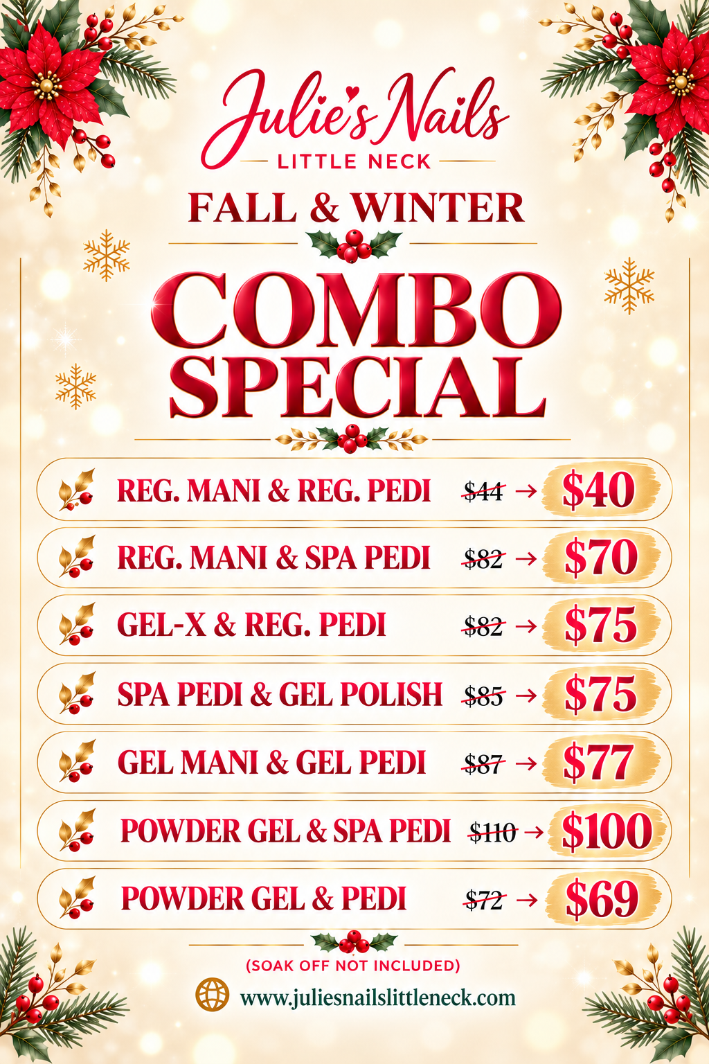 Fall & Winter Combo Special poster: seven combo deals from $40 to $100 at Julie's Nails Little Neck. Soak off not included.